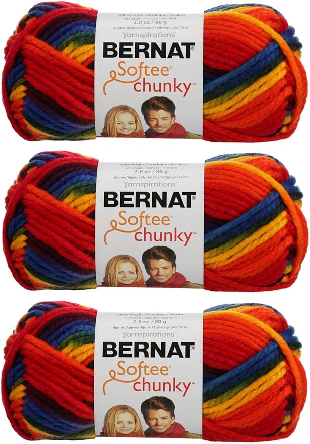 Bernat Softee Chunky Yarn Bundle Super Bulky #6, 3 Skeins Schoolyard Ombre 29134