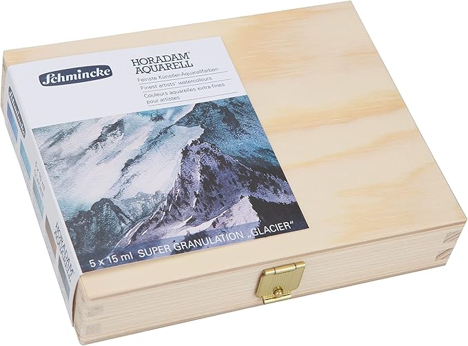 Schmincke - HORADAM® AQUARELL, Super Granulation Set Glacier, 5 x 15 ml tubes, 74 840 097, wooden box, very strong granulating colors, finest supergranulating watercolors