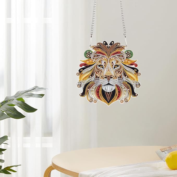JZHYOAN Tiger Diamond Painting Arts Hanging Kit Diamond Art Window Pendants Home Garden Wall Hanging Kits Acrylic Ornaments Craft Kits Crystal Art Pendant Wind Chimes with Diamonds