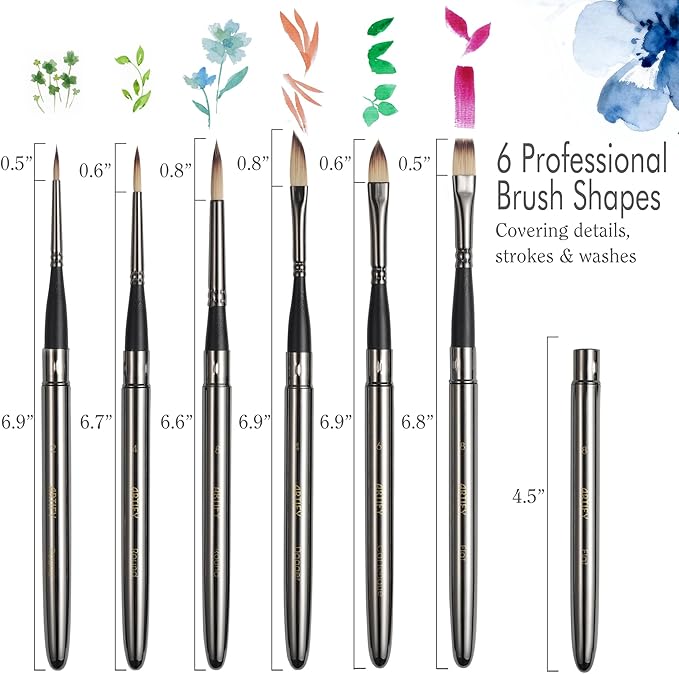 Artify Travel Watercolor Brushes, Outdoor Paint Brushes, Water Color Paint Brush Set with Anti-Rust Polished Metallic Gray Finish, Painting Brushes for Watercolor Gouache Ink - Gift for Artist (6PCS)
