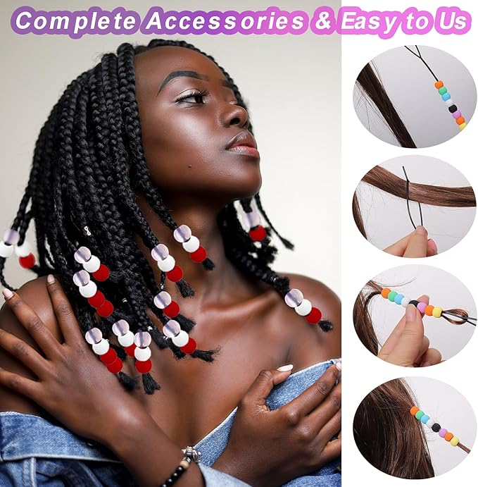 120Pcs 14mm Large Silicone Beads for Hair Braids, Soft Jellyish Hair Beads with 7mm Hole + 50 Rubber Bands and 1 Beader for Braiding, DIY Bracelets Necklaces Crafts(Red)