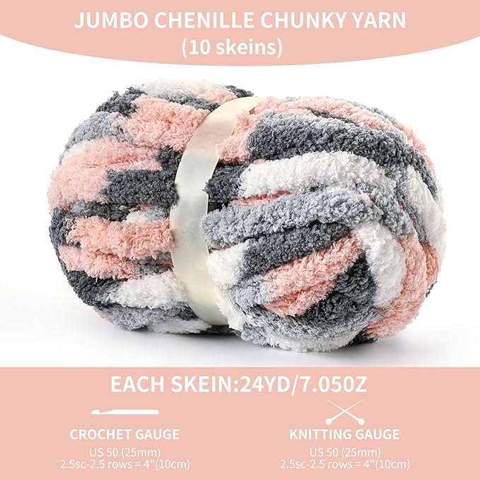 10 Pack Jumbo Chunky Yarn for Hand Knitting, Fluffy Variegated Chunky Chenille Yarn for Crocheting, 240yds/70.5oz Super Bulky Soft Crochet Baby Blanket Yarn(Dark Grey-Pink-White)