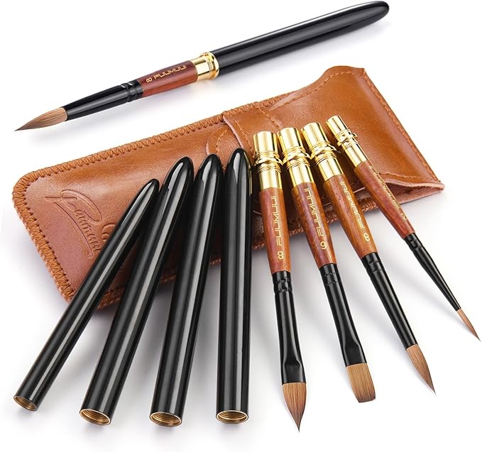 Sable Travel Watercolor Brushes, Fuumuui 4pcs Elegant Kolinsky Sable Travel Brushes Travel Watercolor Kit with Leather Pouch Perfect for Watercolor Gouache Ink Painting