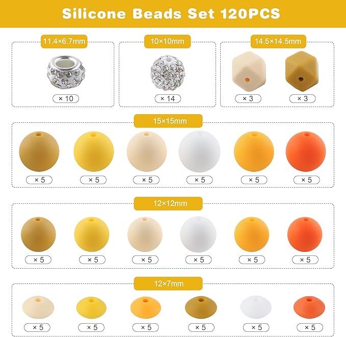 120Pcs Multicolor 12mm 15mm Silicone Beads for Keychain Making, 14mm Hexagon Beads Rhinestone Round Spacer 10mm for DIY Handicrafts(Yellow)