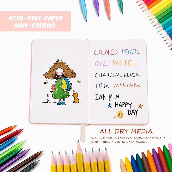 Mix Media Pad,3.5"x5.5" Small Hardcover Leather Art Sketchbook,60 Sheets(112lb/180gsm) Heavyweight Acid Free Artistic Painting Drawing Sketching Paper, Handy Pocket Journal Sketchbook.Pink