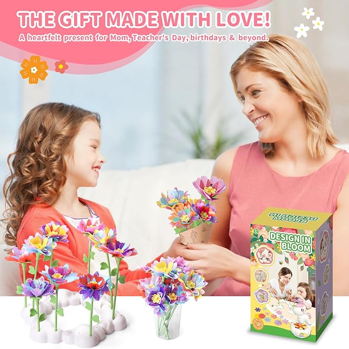 risuntoy kids flower press kit-diy fabric flower craft kits with 110 petals 30 centers stems buds,5 wraps & tapes,stem bouquet toys compatible with flower maker,christmas birthday gifts for kids 3+