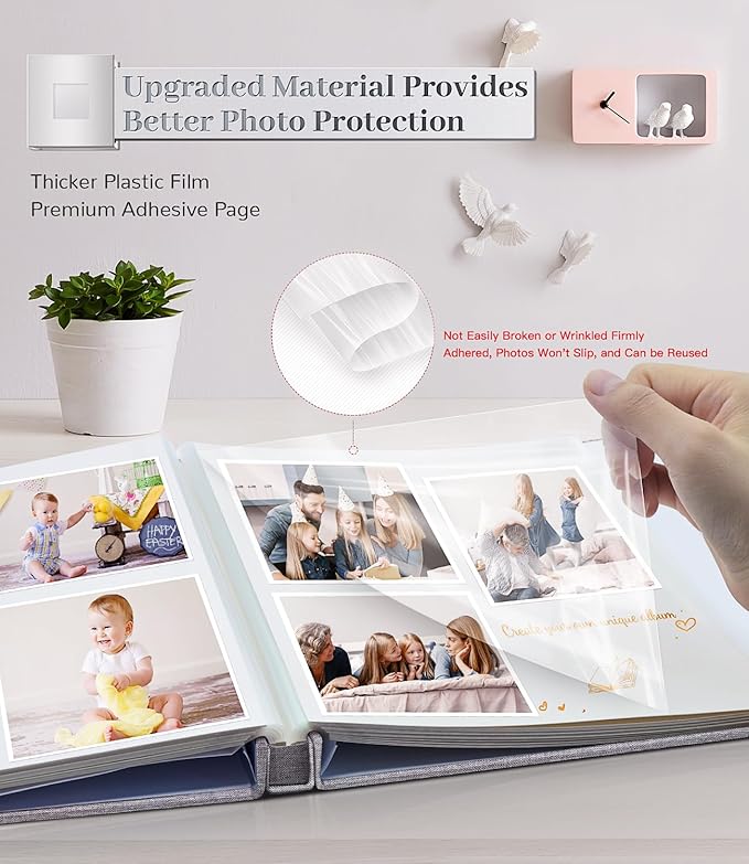Photo Album Self Adhesive Scrapbook Album for 3x5 4x6 5x7 8x10 Pictures,120 Pages Linen Cover with Display Window DIY Photo Book,Ideal Gifts for Family Travel Wedding Baby