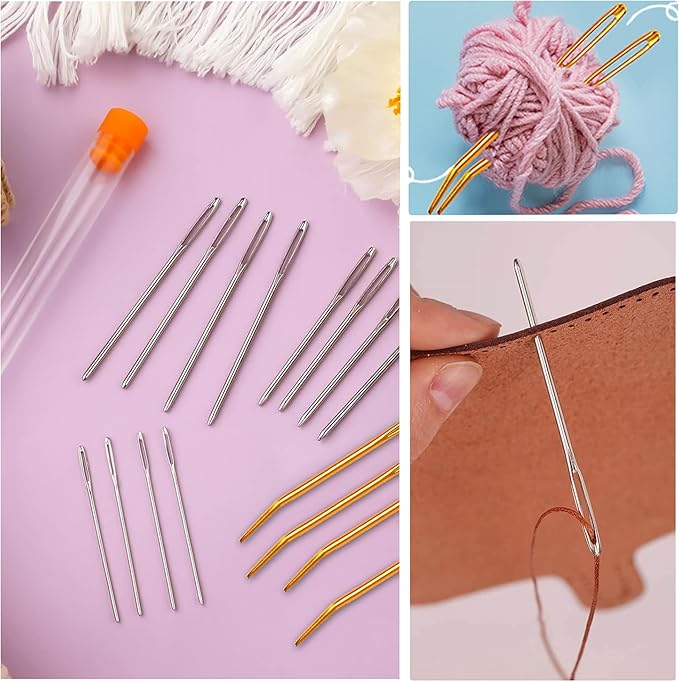 pikdmin 32 pcs Large Eye Sewing Needles Kit, Stainless Steel Large-Eye Blunt Needles & Bent Tapestry Needles for Tapestry,Sewing Wool,Weaving （ Crochet Locking Stitch Random Color）