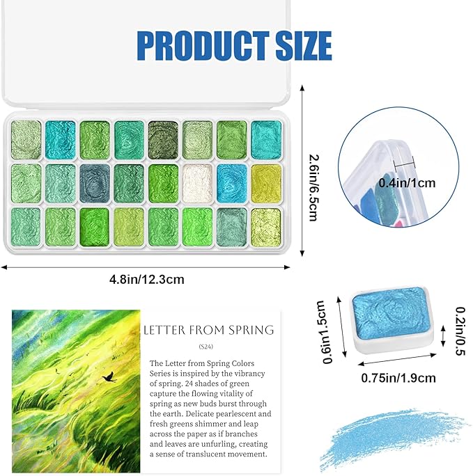 Mini Glitter Watercolor Paint Set with Paper, 24 Colors Shimmer Metallic Watercolour Painting Sets, Solid Pearl Water Color Paints for Adult, Green 1ml Trial Pack(Letter from Spring)