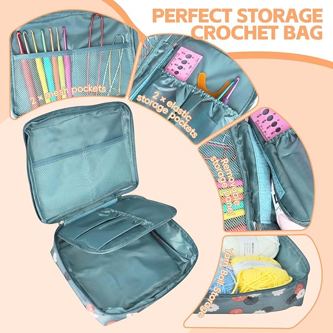 58pcs Crochet Kit Beginners, Crochet Hook Set with Yarn, Portable Crocheting Kit for Starter, Ergonomic Crochet Needles Tools DIY Knitting Accessories for Experienced Crochet Lovers, Blue Flower