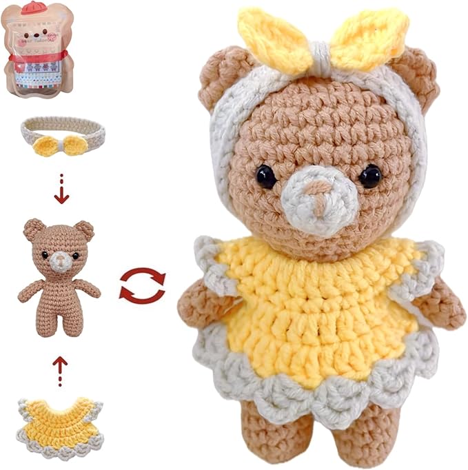LoopMap Amigurumi Crochet Kit for Beginners with Removable Dress & Video Tutorials, DIY Bear Making Kit Includes Premium Yarn & Tools, Creative Gift for Adults Teens (Yellow)