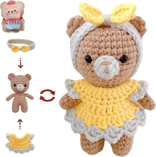 LoopMap Amigurumi Crochet Kit for Beginners with Removable Dress & Video Tutorials, DIY Bear Making Kit Includes Premium Yarn & Tools, Creative Gift for Adults Teens (Yellow)