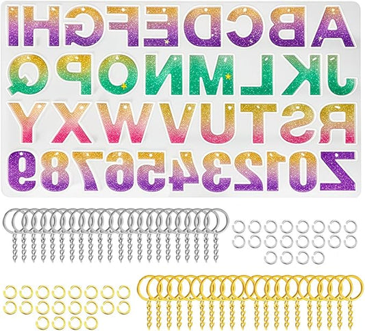 Resin Letter Molds with Holes & 40 Keychain Rings (20 Gold & 20 Silver) for Keychain Making, Reversed Alphabet Silicone Mold A-Z, Large Epoxy Letter Casting Mold Kit for DIY Crafts - Upgraded Design