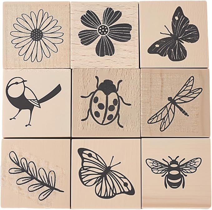 UCEC 9 Pack Vintage Wood Rubber Stamps for Crafting, Flower Butterfly Plant Bird Ladybird Dragonflies Honeybee Nature Stamps for Card Making & Scrapbooking, Floral Stamp for Painting Journaling DIY