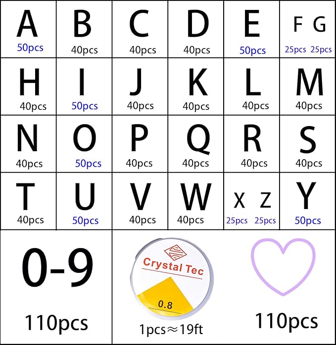 nikkiGuo 1250 PCS Letter Beads Kit with Elastic Cord – Alphabet A–Z, Numbers, Heart, Moon, Star, Smiley Beads for Friendship Bracelets & DIY Jewelry (Glow in The Dark & Colorful Letters)
