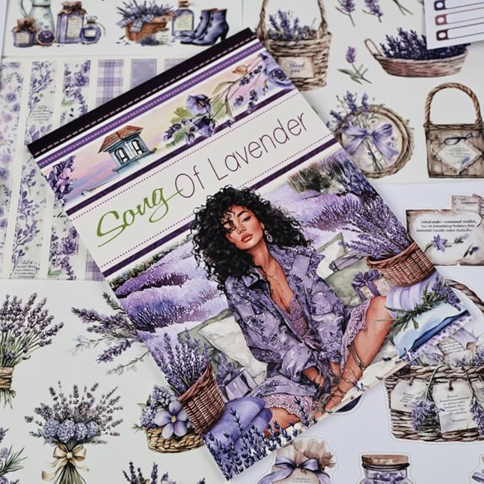 Song of Lavender Scrapbook Stickers for Women, 20 Sheets A5 Die-Cut Journaling Sticker Book for Adutls, Junk Journal Supplies, Planners, Bujo, Assorted PET Washi Paper Materials