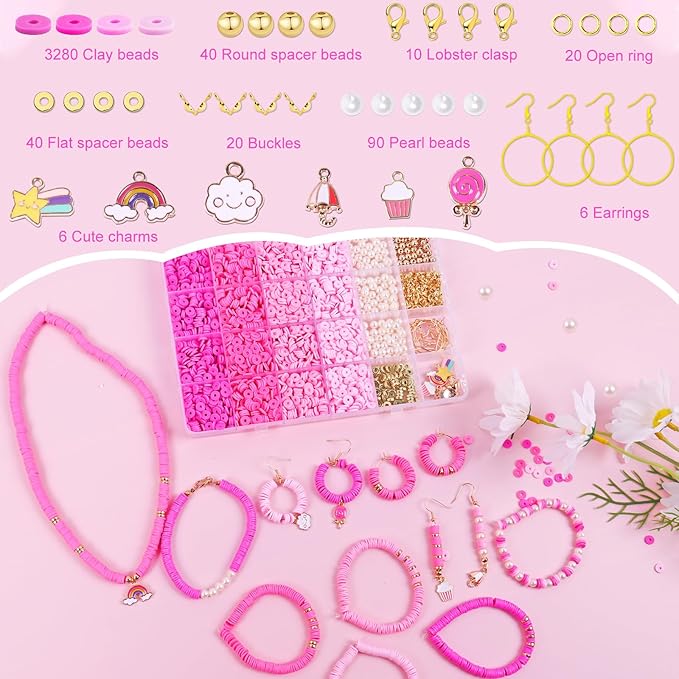 Wuollgess 3500PCS Pink Clay Beads for Bracelet Making Kit, Heishi Beads for Jewelry Making, Friendship Bracelet Kit, Spacer Beads for Adult Necklace Earring DIY
