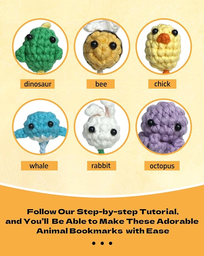 Fortilo Crochet Kit for Beginners 6PCS Crochet Animals Bookmarks with Step-by-Step Video Tutorials 30% Extra Yarn, Perfect for Gifts, Emotional Support, Ideal Knitting Kit for Adults, Kids