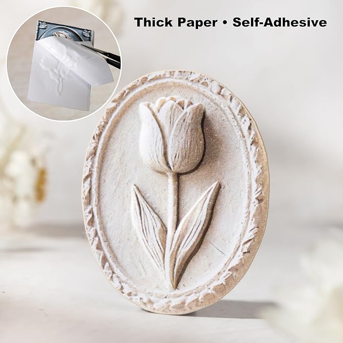 Flower Relief Embossed Stickers – 180pcs Pastel Botanical Plaques, Borderless Peel & Stick, Thick Textured Paper for Scrapbook Journal Planner Collage & Card Making DIY Décor