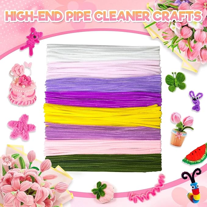 985-Piece Jumbo Size Premium Muti-Color Pipe Cleaner Craft Kit with Floral Supplies - Chenille Stems, Flower Wires, Stamens & Video Tutorial for Wedding Decorations (Purple Pink Set, Jumbo Craft Set)