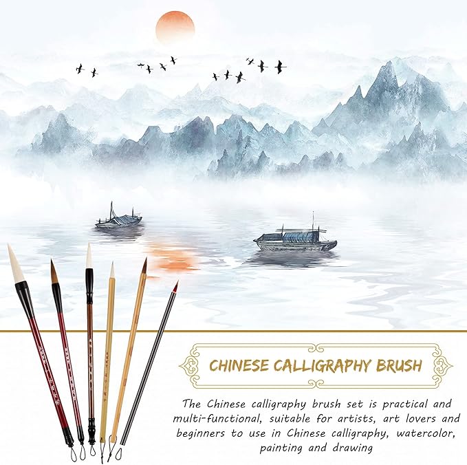 6 Pieces Chinese Calligraphy Brushes Painting Writing Calligraphy Brushes Watercolor Brushes Set Kanji Japanese Sumi Painting Drawing Brushes Kanji Art Brushes with Roll-up Brush Holder