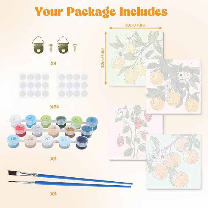 Lxmsja 4 Pack Fresh Fruit Harvest Paint by Numbers Kit for Adults, Easy Framed Paint by Numbers for Adults Beginner, DIY Acrylic Oil Painting Craft Kits for Home Wall Decor 8x8 inch