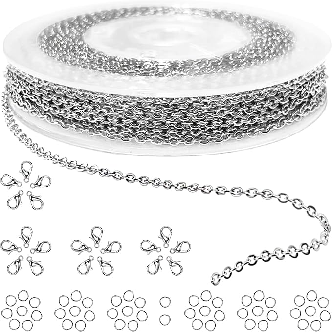 jishi 33ft silver stainless steel chain 2mm jewelry necklace link cable chain for jewelry making bracelets earring craft supplies diy findings - metal rolo link chain roll w/lobster clasps, jump rings