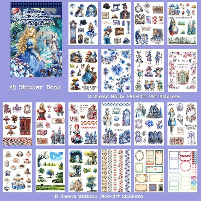Dwpetzo Vintage Alice's Journey Pre-Cut Journal Sticker Book for Junk Journaling, Dual PET and Writing Paper Materials, Collage Stickers for Scrapbooking Supplies, Planner, Bujo, A5, 20 Sheets
