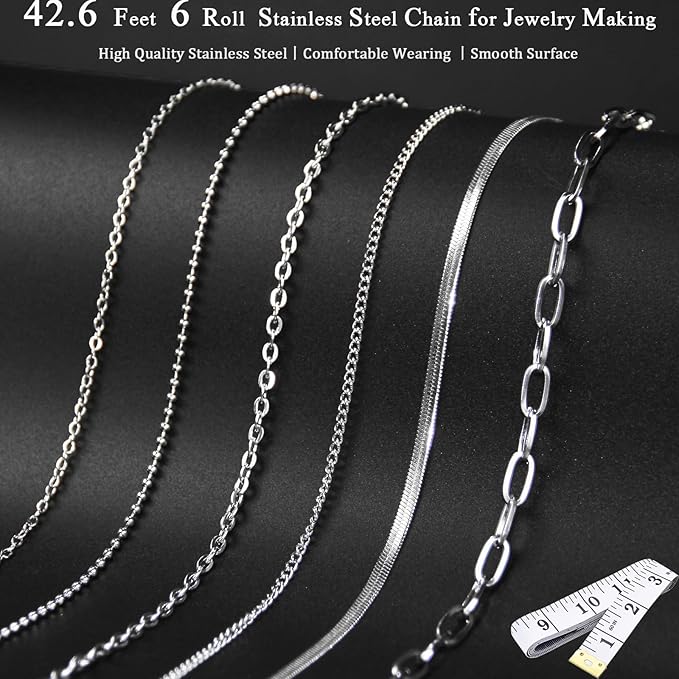 Necklace Chain for Jewelry Making, 42.6 Feet 6 Roll Stainless Steel Silver Jewelry Link Chains for DIY Necklace Bracelets Keychain Craft Jewelry Making Supplies with Jump Rings Lobster Clasp Connector