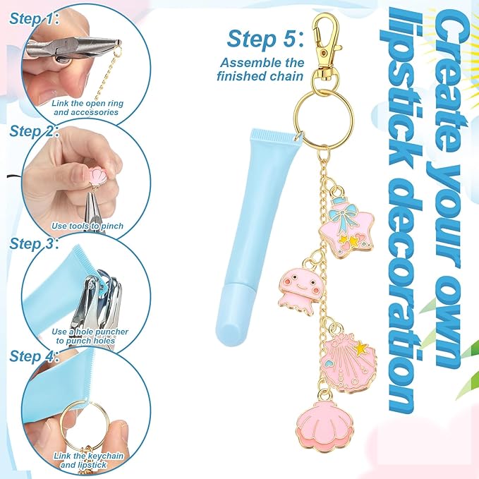 VioraWhite 213 Pcs Lip Gloss Keychain Making Kit 100 Pink Enamel Charms 32.81 ft Gold Chains for DIY Crafts Women (Ocean Theme)