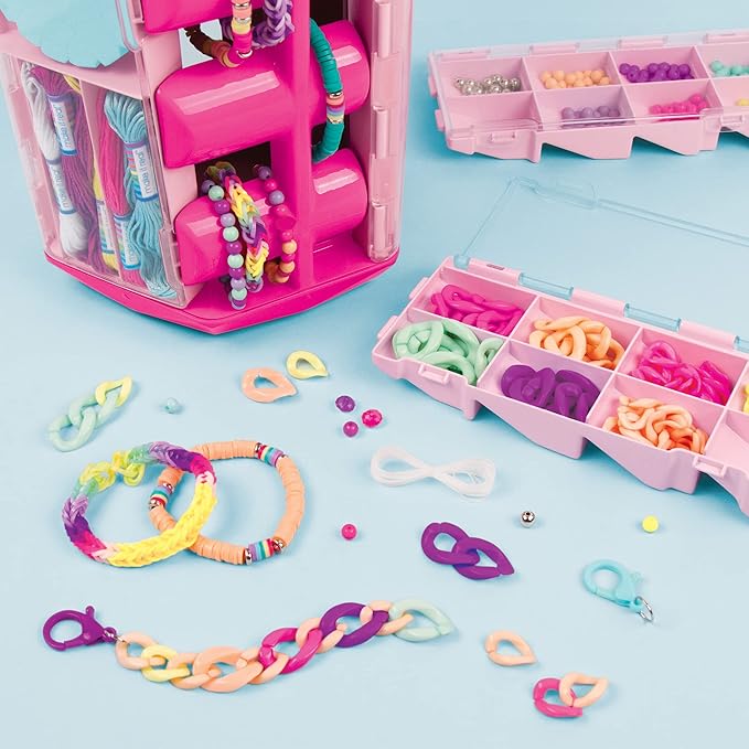 Make it Real 5 in 1 Activity Tower - Jewelry Making Kit with Storage - Heishi Beads, Plastic Links, Mini Rubber Bands, Round Beads & Thread - Friendship Bracelet Making Kit for Girls 8-10-12-14