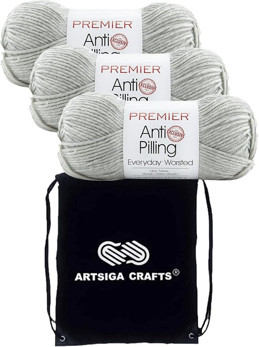 Premier Yarns Everyday Anti-Pilling Solid Cloudy Day DN100-72 (3-Skeins - Same Dye Lot) #4 Worsted Weight Acrylic Yarn for Crocheting and Knitting with Project Bag