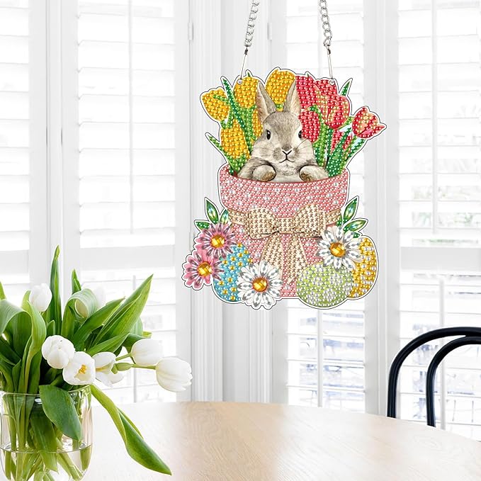 5D Rabbit Diamond Art Suncatcher Hanging Kit, DIY Crystal Diamond Painting Pendant Wall Window Door Decor, Handmade Animal Rhinestone Art Ornament Craft for Home, Garden, Easter or Birthday Gifts