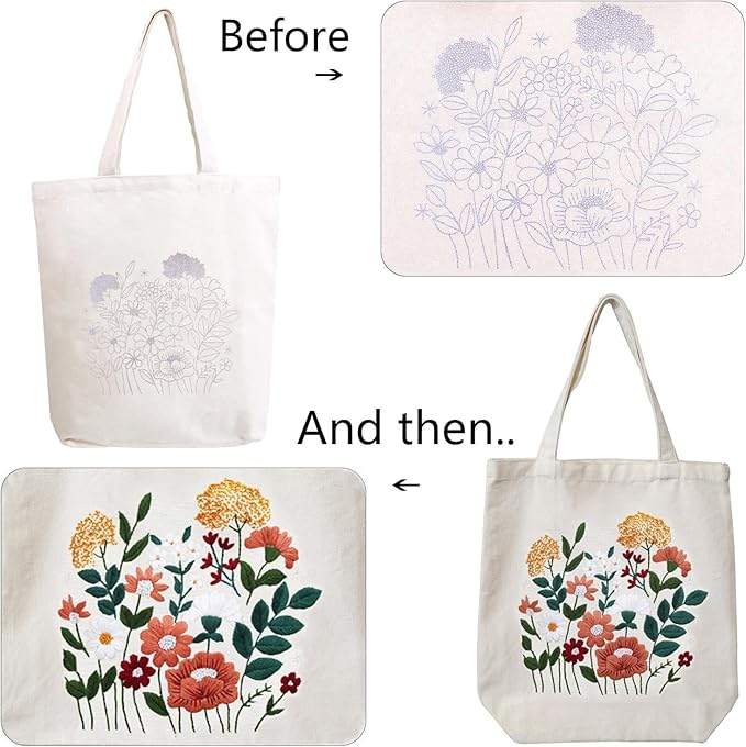 CREAWONDER Canvas Tote Bag Embroidery Kit with Pattern for Beginners, Arts and DIY Embroidery Crafts Kits for Adults, Include Instructions, Thimble, Embroidery Hoops, Color Threads and Tool