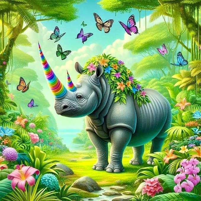 WSLWXSHM Diamond Painting Kits for Adults Rhinoceros and Butterfly, Round Full Drill Diamond Art Kits, 5D DIY Paint with Diamonds Crafts for Home Wall Decoration Gifts 12×12Inch, Animal