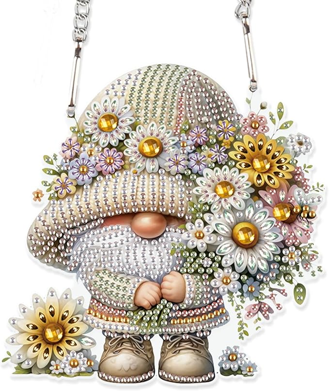 AiYuanzsh Gnome with Daisy Diamond Painting Hanging Kit, 5D DIY Acrylic Special Shaped Diamond Art Pendant Ornament for Wall, Door, or Garden Decor, Spring & Holiday Diamond Art Kit for Adults