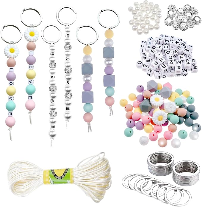 418 Pcs DIY Bead Keychain Supplies Keychain Making Craft Alphabet Pearl Daisy Silicone Beads Rhinestones Jewelry Key Ring Phone charms Backpack Accessories Gifts for Friends Coworker Sister Mom