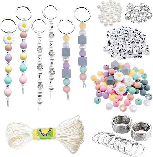 418 Pcs DIY Bead Keychain Supplies Keychain Making Craft Alphabet Pearl Daisy Silicone Beads Rhinestones Jewelry Key Ring Phone charms Backpack Accessories Gifts for Friends Coworker Sister Mom