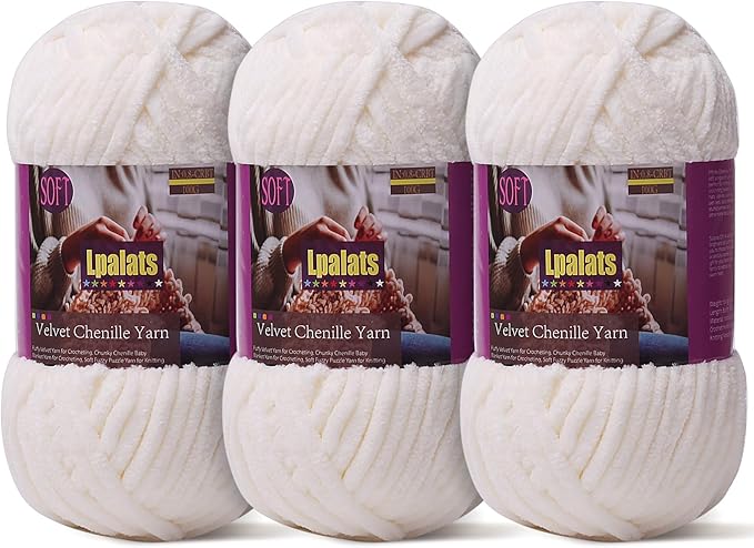 Baby Blanket Yarn for Crocheting Soft - 3 Pack of 100g/3.5oz Chunky Chenille Yarn for Knitting Blankets Amigurumi - Super Bulky Yarns - 261 Yards Thick Plush Yarns (3, Milk White)