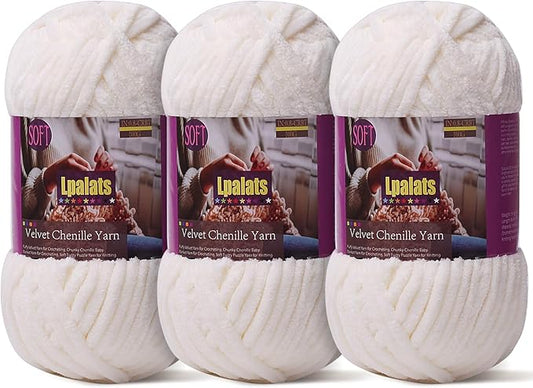 Baby Blanket Yarn for Crocheting Soft - 3 Pack of 100g/3.5oz Chunky Chenille Yarn for Knitting Blankets Amigurumi - Super Bulky Yarns - 261 Yards Thick Plush Yarns (3, Milk White)