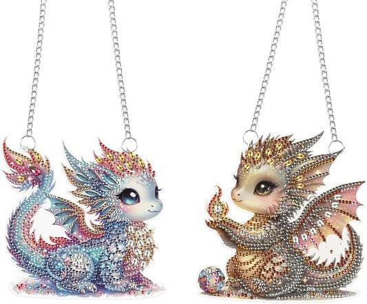 2 Pack Diamond Painting Dragon Hanging Ornaments – DIY Crystal Art Sun Catcher Kit for Window, Wall or Car Decor – Cute Fantasy Baby Dragon Decorations for Adults or Gift