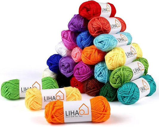 LIHAO 24 Acrylic Yarn Skeins for Knitting Mini Yarn Assorted Colors for Crochet Crafts DIY Gift — 100% Acrylic, 15g