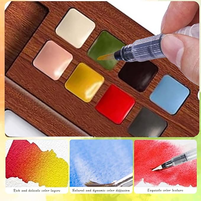 Mini Travel Watercolor Paint Set - Wooden Palette Box with 8 Colors Watercolor Paint, 300GSM Watercolor Notebook, Water Brush Pen & Clip, Pocket Watercolor Kit Mini Paint Set for Adults Artists Students Beginners