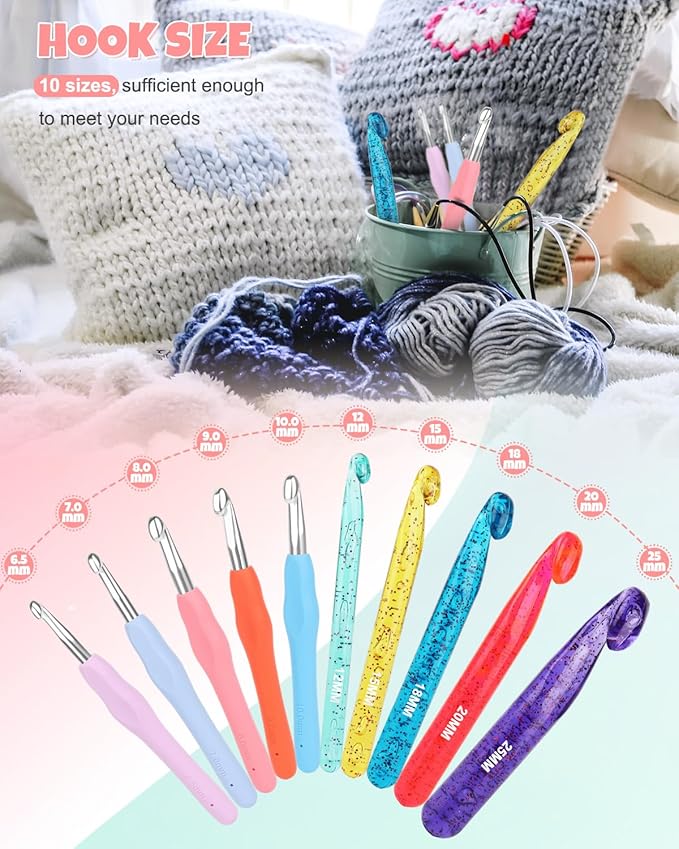 Aeelike Large Crochet Hooks Set Including Ergonomic Crochet Hooks (6.0mm-12.0mm) & Huge Crocheting Needles with Crystal Design (12.0mm-25.0mm) for Blanket Chunky Yarn