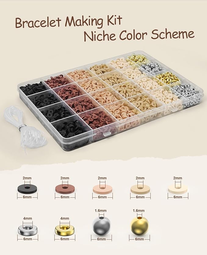 ClaBead Bracelet Making Kit 3200Pcs, Clay Beads Bracelet Kit with Gold Beads and Sliver Beads (Earth Tone)