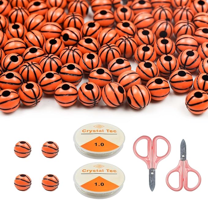 ZGQHZR 150Pcs Acrylic Basketball Beads for Bracelets Ball Beads with 2 Elastic Crystal Line Cord,2 Scissors for Jewelry Making Necklace Bracelet Earrings,Hair Braids and Key Chains (Basketball)