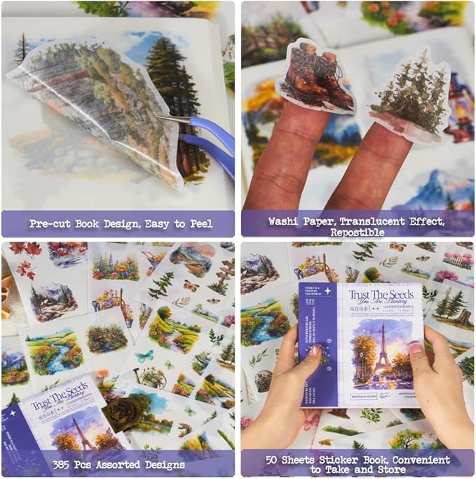 Seasonal Nature Landscape Stickers for Junk Journal Supplies, 50 Sheets Pre-Cut Washi Scrapbook Sticker Book for Journaling, Scrapbooking, Bujo, Planners, Card Making, Collage, Art Crafts