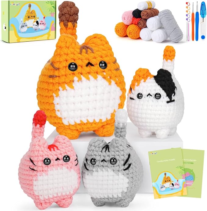 Crochet Kit for Beginners-4PCS Cat Crochet Kits for Adults, Teacher Appreciation Gifts, Crochet Starter Kit with Step-by-Step Video Tutorials, Crochet Animals Kits DIY Craft Kit Learn to Crochet Kits