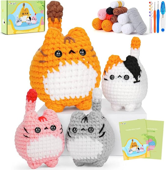 Crochet Kit for Beginners-4PCS Cat Crochet Kits for Adults, Teacher Appreciation Gifts, Crochet Starter Kit with Step-by-Step Video Tutorials, Crochet Animals Kits DIY Craft Kit Learn to Crochet Kits