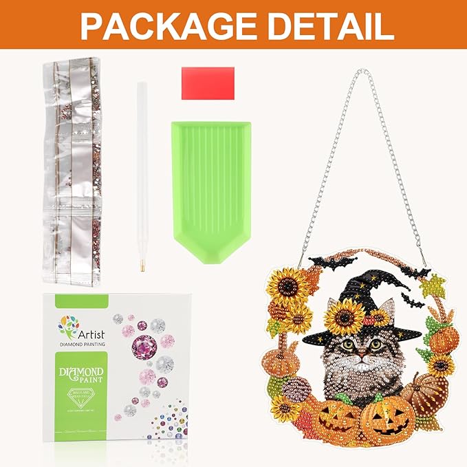 CEOVR Halloween Diamond Painting Hanging Ornament, Cat Pumpkin 5D Special Shape Diamond Art, Crafts for Adults DIY Fall Gem Art, Acrylic Home Garden Window Wall Decor with Chain, Box Kit, 7.57×7.61in